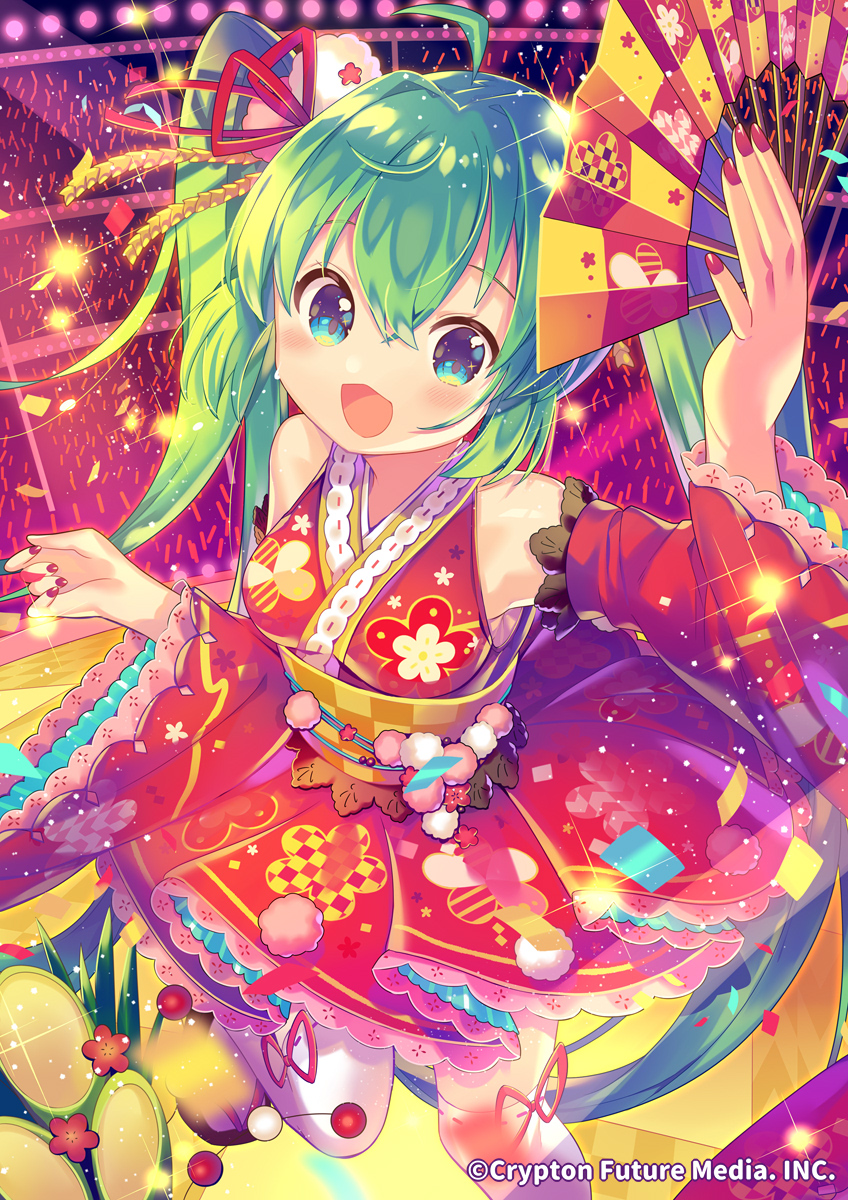 1girl :d ahoge arm_up bamboo bangs blue_eyes checkered commentary_request detached_sleeves eyebrows_visible_through_hair fan folding_fan glowstick green_hair hair_between_eyes hair_ribbon hatsune_miku hatsune_miku_graphy_collection highres holding holding_fan ikari_(aor3507) japanese_clothes kadomatsu kimono kimono_skirt long_hair long_sleeves nail_polish new_year obi official_art open_mouth over-kneehighs red_kimono red_nails red_ribbon red_sleeves ribbon ribbon-trimmed_legwear ribbon_trim sash sleeveless sleeveless_kimono smile solo standing standing_on_one_leg thigh-highs twintails very_long_hair vocaloid watermark white_legwear wide_sleeves