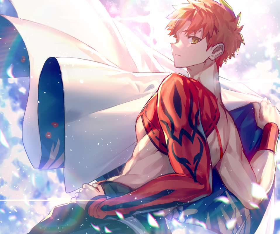 1boy cape craft_essence emiya_shirou eyebrows_visible_through_hair fate/grand_order fate/stay_night fate_(series) hand_on_hip mebaru orange_hair raglan_sleeves sengo_muramasa_(fate) short_hair sunlight yellow_eyes