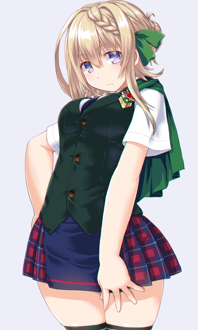 1girl bangs blonde_hair blue_neckwear blush braid braided_bangs braided_bun breasts buttons cloak closed_mouth commentary dd_(ijigendd) eyebrows_visible_through_hair green_cloak green_vest grey_background hair_between_eyes hair_bun hair_ribbon hand_on_hip highres kantai_collection necktie perth_(kantai_collection) plaid plaid_skirt ribbon shirt short_sleeves simple_background skirt solo thigh-highs vest violet_eyes white_shirt