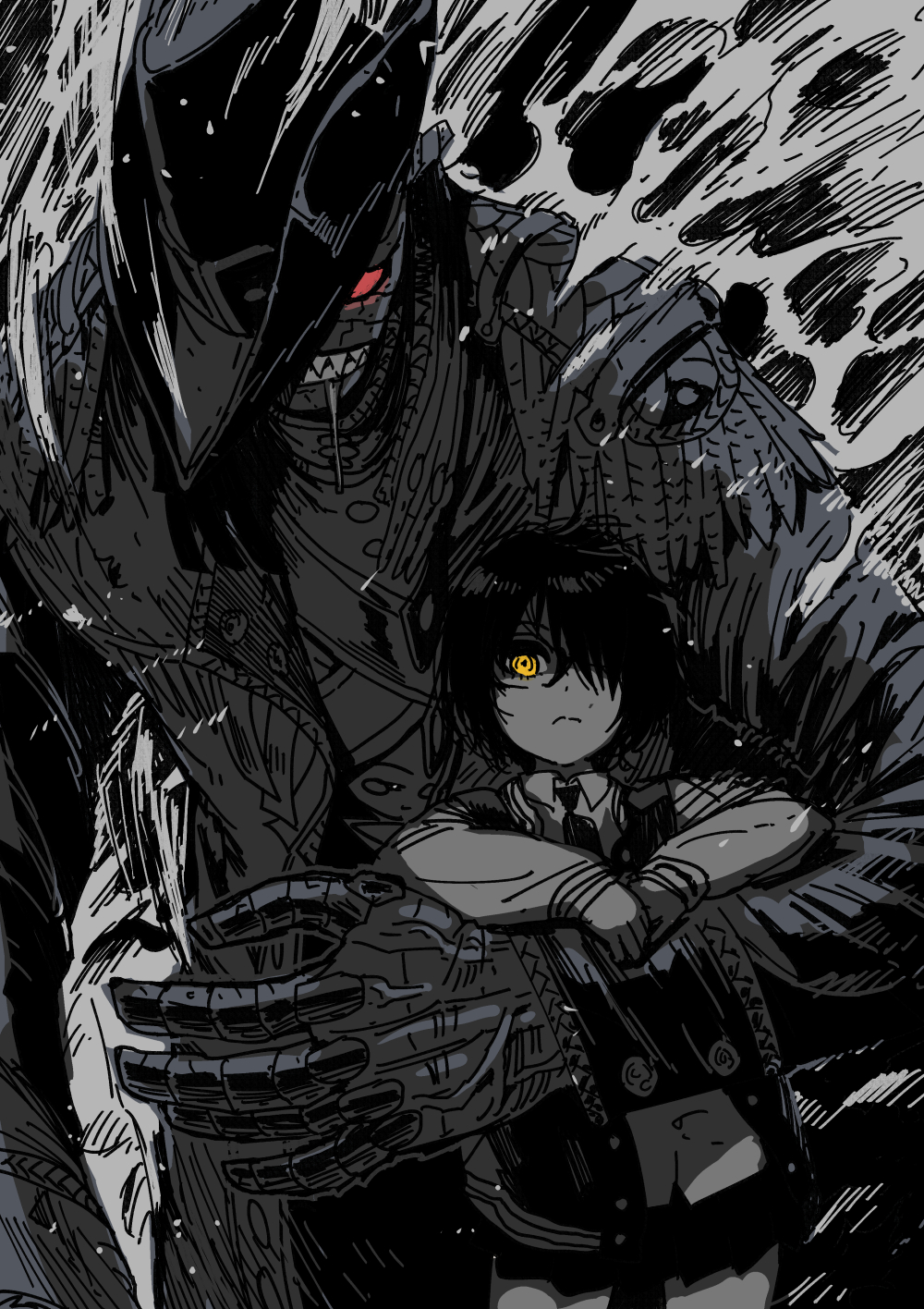 1boy 1girl age_difference butcherboy closed_mouth greyscale hair_over_one_eye hat hat_over_one_eye highres holding holding_another jacket monochrome necktie original parted_lips red_eyes saliva saliva_trail sharp_teeth short_hair size_difference skirt teeth veins yellow_eyes