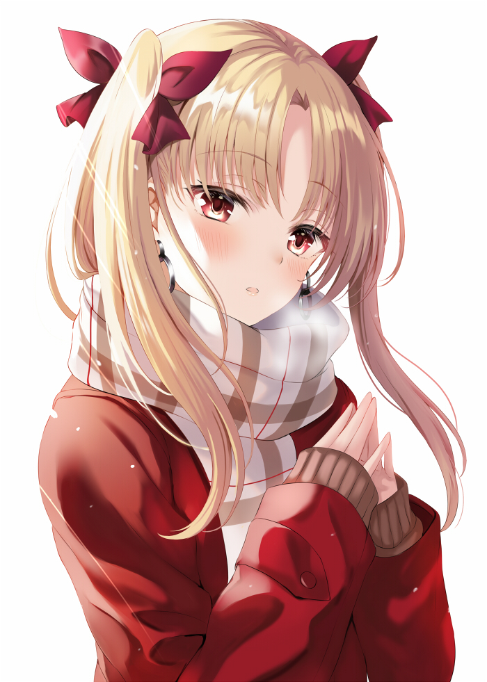 1girl alternate_costume bangs blonde_hair blush bow breath brown_scarf coat commentary_request earrings ereshkigal_(fate/grand_order) eyebrows_visible_through_hair fate/grand_order fate_(series) hair_bow harimoji jewelry long_hair long_sleeves own_hands_together parted_bangs red_bow red_coat red_eyes scarf shiny shiny_hair simple_background sleeves_past_wrists solo two_side_up upper_body white_background