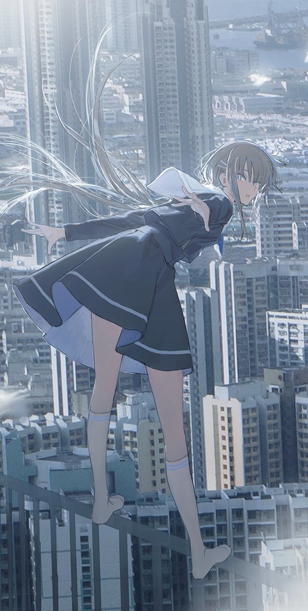 1girl balancing blue_eyes brown_hair cityscape dress hair_ornament hairclip hirota_tsuu looking_away original school_uniform solo twintails yellow_legwear