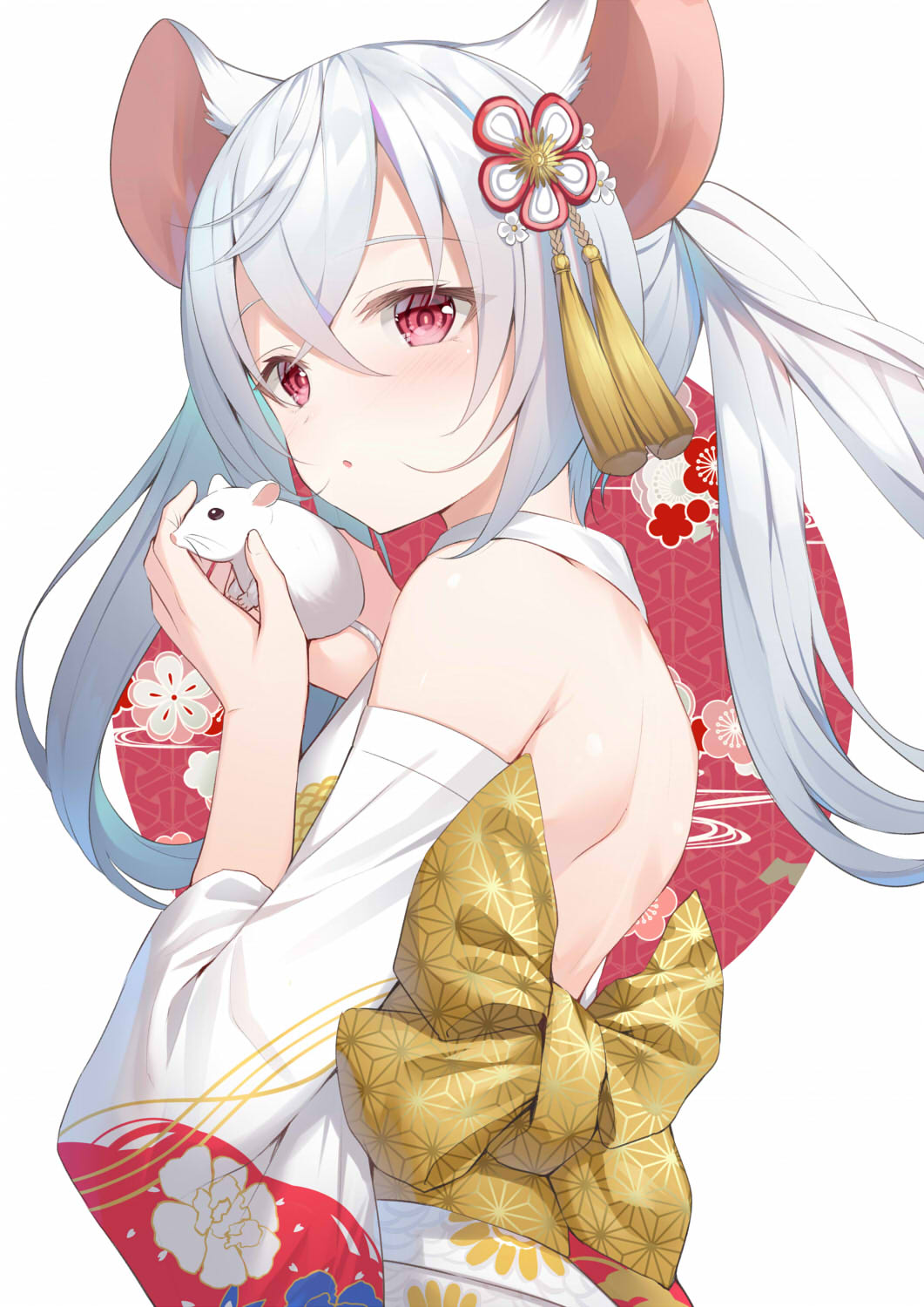 1girl alexmaster animal animal_ears bare_shoulders chinese_zodiac commentary_request detached_sleeves hair_between_eyes hair_ornament highres japanese_clothes kimono long_hair long_sleeves looking_at_viewer looking_to_the_side mouse mouse_ears obi original parted_lips red_eyes sash shoulder_blades silver_hair solo tassel twintails upper_body white_background white_kimono wide_sleeves year_of_the_rat