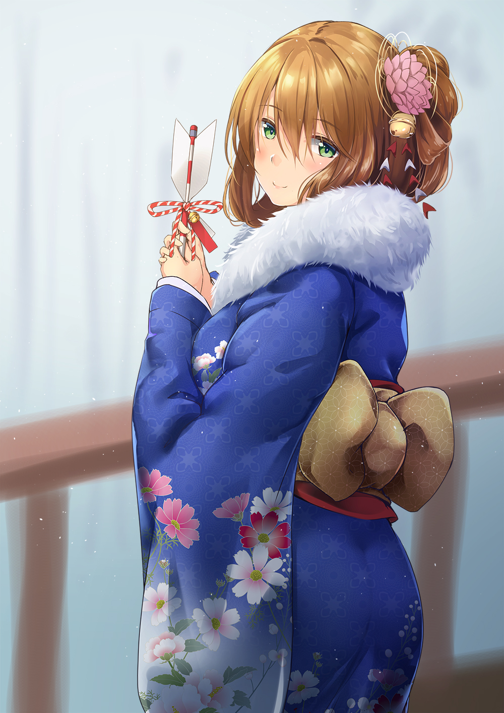 1girl arrow bangs bell bit_(keikou_syrup) blue_kimono blurry blush breasts brown_hair closed_mouth cowboy_shot enpera floral_print flower fur furisode girls_frontline green_eyes hair_bell hair_between_eyes hair_flower hair_ornament hair_rings hamaya highres holding japanese_clothes jingle_bell kanzashi kimono large_breasts long_hair long_sleeves looking_at_viewer m1903_springfield_(girls_frontline) new_year obi one_side_up sash scarf shippou_(pattern) smile solo striped unmoving_pattern