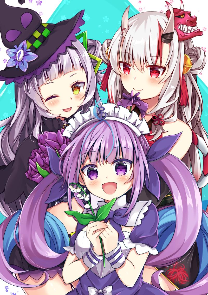 3girls blush commentary_request drill_hair hair_ornament hair_ribbon hat hololive long_hair looking_at_viewer maid_headdress maki_soutoki minato_aqua multiple_girls murasaki_shion nakiri_ayame one_eye_closed oni_horns open_mouth plant red_eyes ribbon smile twin_drills violet_eyes virtual_youtuber witch_hat yellow_eyes