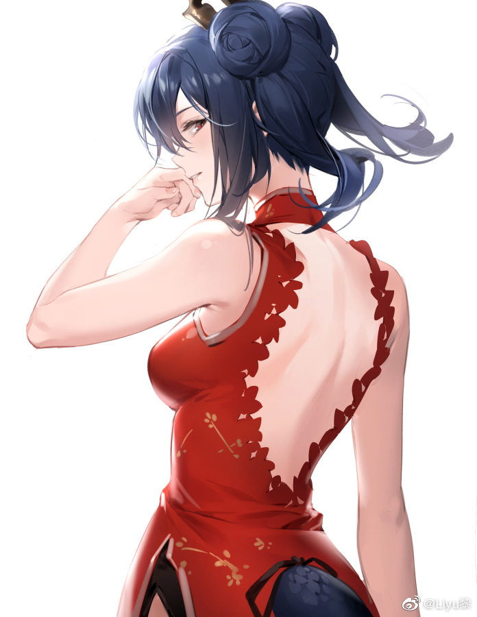 1girl arknights black_hair breasts ch'en_(arknights) double_bun dress from_behind hair_between_eyes hand_to_own_mouth liyu_li long_hair looking_back medium_breasts parted_lips profile red_dress red_eyes simple_background smile solo tail twintails weibo_username white_background