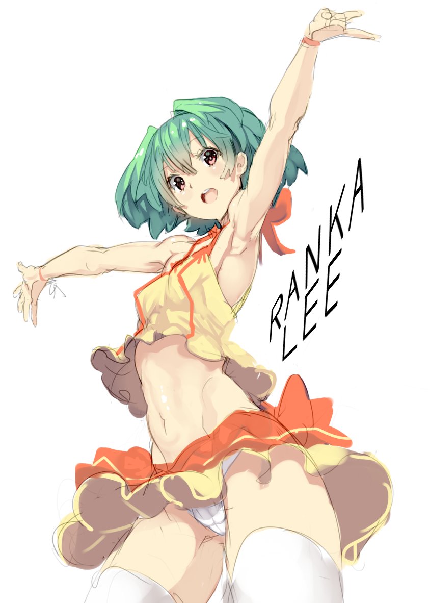 1girl armpits arms_up blush bow green_hair hair_between_eyes macross medium_hair morikawa_(futomayu) navel open_mouth orange_bow panties pantyshot pink_eyes ranka_lee sketch skirt solo teeth thigh-highs tongue underwear upper_teeth white_len white_panties yellow_skirt