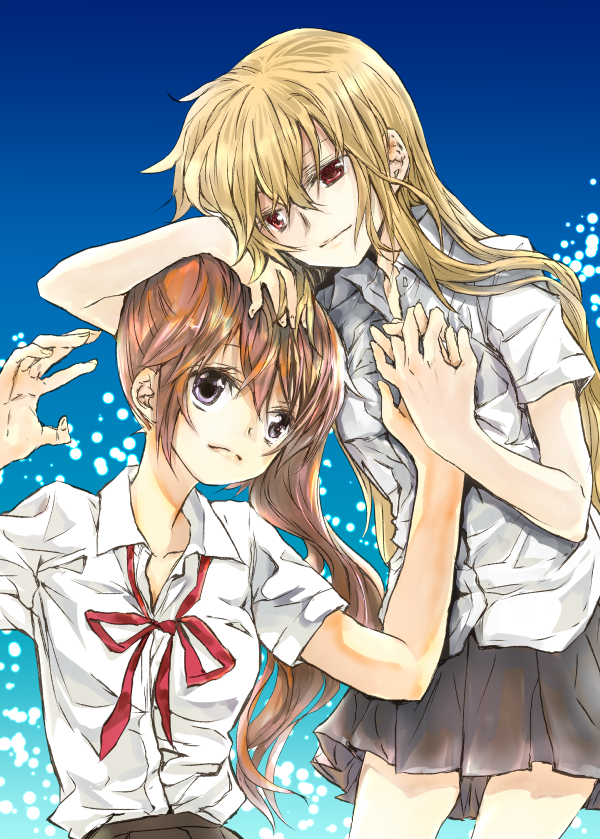 2girls blonde_hair blue_background brown_hair couple ego6 fate_testarossa happy holding_hands interlocked_fingers long_hair looking_at_another lyrical_nanoha mahou_shoujo_lyrical_nanoha mahou_shoujo_lyrical_nanoha_a's multiple_girls neck_ribbon red_eyes red_ribbon ribbon school_uniform side_ponytail simple_background smile takamachi_nanoha uniform very_long_hair violet_eyes yuri