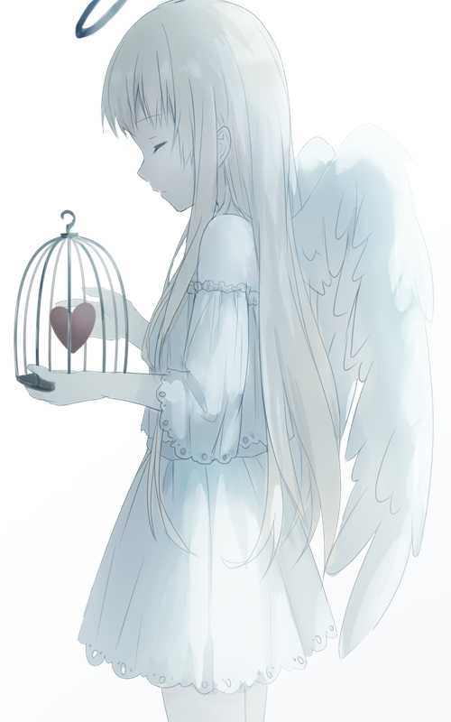 1girl angel baiju_(white) cage closed_eyes dress halo heart holding_cage long_hair original profile solo standing very_long_hair white_background white_dress white_wings wings