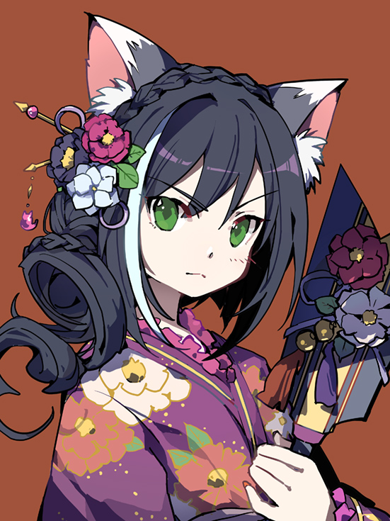 1girl animal_ear_fluff animal_ears bangs black_flower black_hair blush braid brown_background cat_ears closed_mouth commentary_request eyebrows_visible_through_hair floral_print flower grey_hair hair_between_eyes hair_flower hair_ornament hand_up holding japanese_clothes kimono kyaru_(princess_connect) long_hair long_sleeves looking_at_viewer multicolored_hair princess_connect! princess_connect!_re:dive print_kimono purple_kimono red_flower shadowsinking simple_background solo streaked_hair upper_body v-shaped_eyebrows white_flower