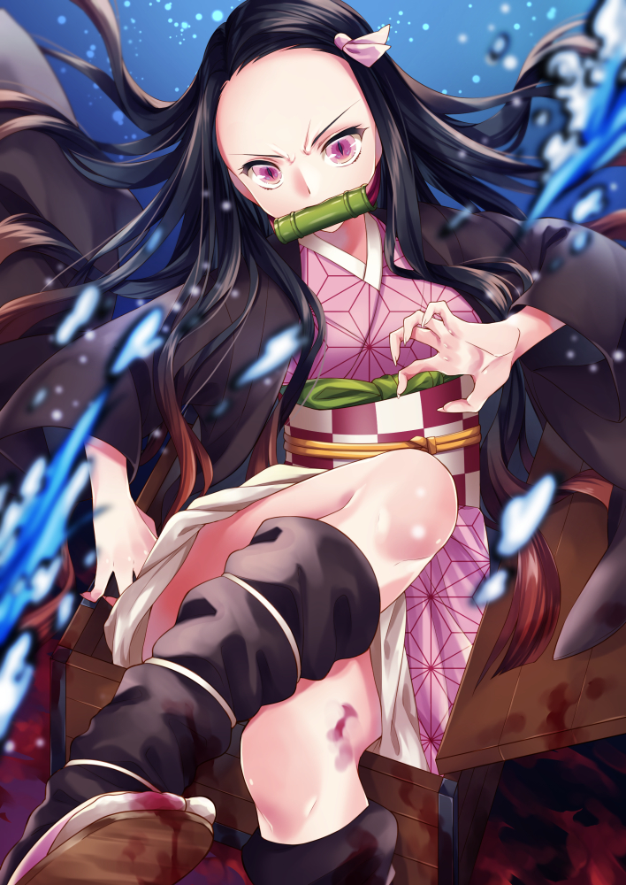 1girl asa_no_ha_(pattern) bamboo bit_gag black_hair black_haori blood blood_splatter blue_background box checkered_obi claw_pose commentary_request fingernails forehead furrowed_eyebrows gag hair_ribbon haori in_box in_container japanese_clothes kamado_nezuko kimetsu_no_yaiba kimono kirisita leg_lift leg_warmers long_hair long_sleeves looking_at_viewer obi pink_eyes pink_kimono ribbon sash sharp_fingernails simple_background sitting slit_pupils solo tabi very_long_hair water_drop white_legwear