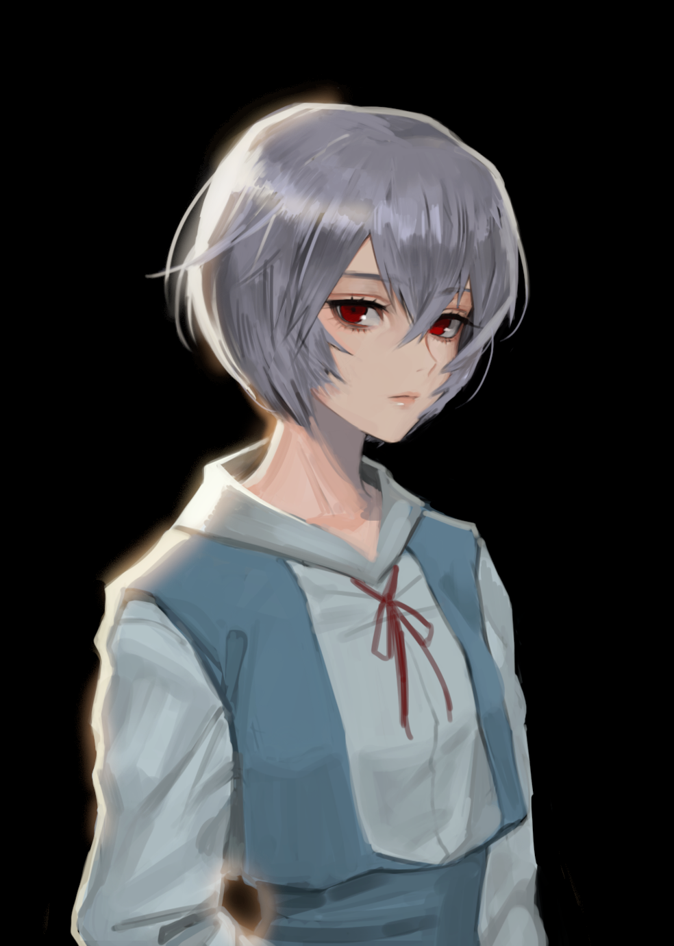 1girl ayanami_rei bangs black_background closed_mouth eyebrows_visible_through_hair hair_between_eyes highres light lips looking_at_viewer neck_ribbon neckwear neon_genesis_evangelion red_eyes red_neckwear red_ribbon ribbon rity school_uniform short_hair silver_hair simple_background solo uniform upper_body