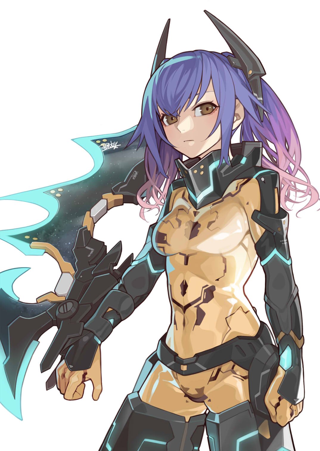 1girl arm_blade blade blue_hair brown_eyes closed_mouth covered_navel glowing glowing_weapon gradient gradient_hair highres long_hair multicolored multicolored_hair phantasy_star phantasy_star_online_2 purple_hair seyana simple_background solo weapon white_background