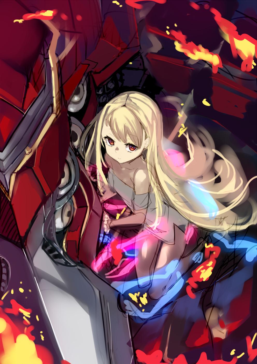 1girl bare_shoulders blonde_hair brown_eyes closed_mouth collarbone electricity extra_eyes eyebrows_visible_through_hair fire highres long_hair monster monster_strike morikawa_(futomayu) red_eyes sketch smile