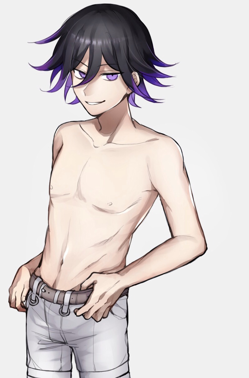 alternate_costume belt black_hair commentary_request dangan_ronpa eyebrows_visible_through_hair grin hair_between_eyes highres looking_at_viewer new_dangan_ronpa_v3 ouma_kokichi pants purple_hair simple_background smile topless violet_eyes white_background white_pants zabe_o