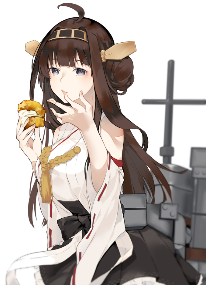 1girl ahoge bangs black_skirt breasts brown_hair cream detached_sleeves double_bun finger_to_mouth fingernails food frilled_skirt frills hairband headgear holding holding_food japanese_clothes kantai_collection kongou_(kantai_collection) long_hair nello_(luminous_darkness) nontraditional_miko ribbon-trimmed_sleeves ribbon_trim rigging scone simple_background skirt solo white_background wide_sleeves