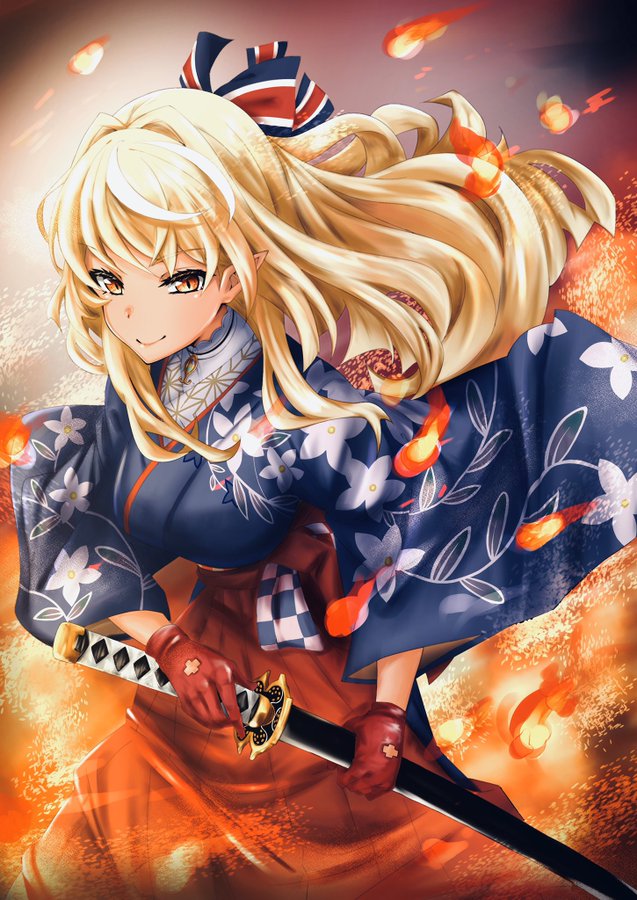 1girl alternate_costume bangs blonde_hair checkered closed_mouth dark_skin elf fire floral_print gloves hair_ornament holding holding_weapon hololive japanese_clothes katana long_hair official_alternate_costume orange_eyes pointy_ears red_gloves shiranui_flare smile solo sword virtual_youtuber weapon