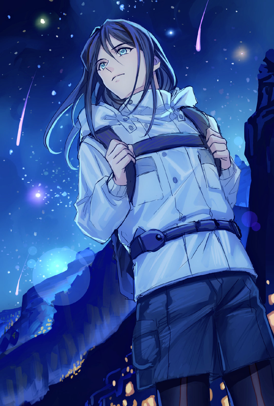 1boy backpack bag black_hair blue_eyes blue_hair city cliff fate/zero fate_(series) from_below highres hood hoodie jacket lalatia-meai legwear_under_shorts long_hair lord_el-melloi_ii_case_files male_focus older pantyhose shooting_star shorts sky solo star_(sky) starry_sky waver_velvet