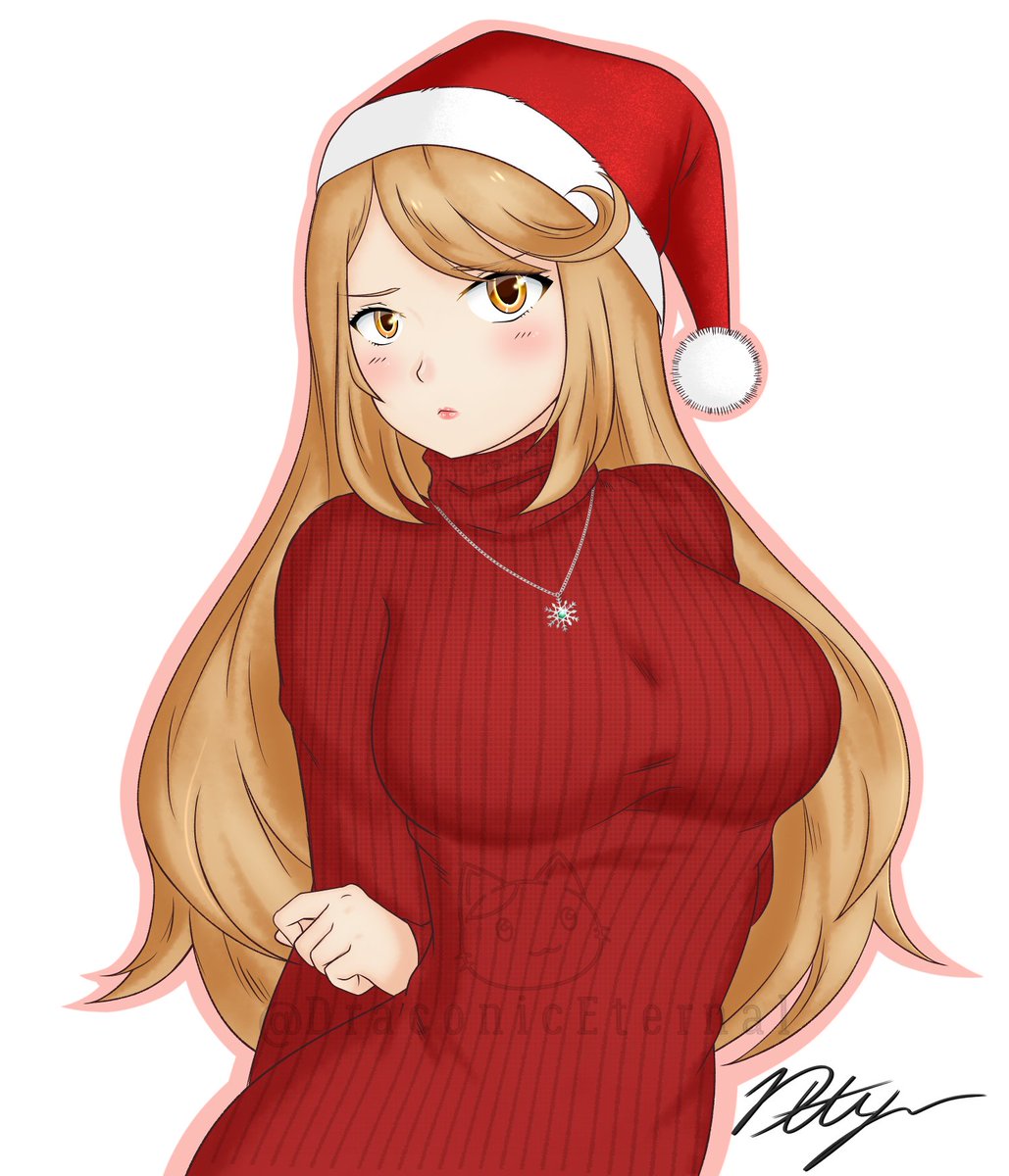 1girl blonde_hair blush breasts christmas draconety hat highres jewelry large_breasts lipstick long_hair monolith_soft monster_games mythra_(xenoblade) necklace nintendo santa_hat signature solo sweater tsundere turtleneck turtleneck_sweater very_long_hair watermark xenoblade_(series) xenoblade_2 xenoblade_chronicles_2 yellow_eyes