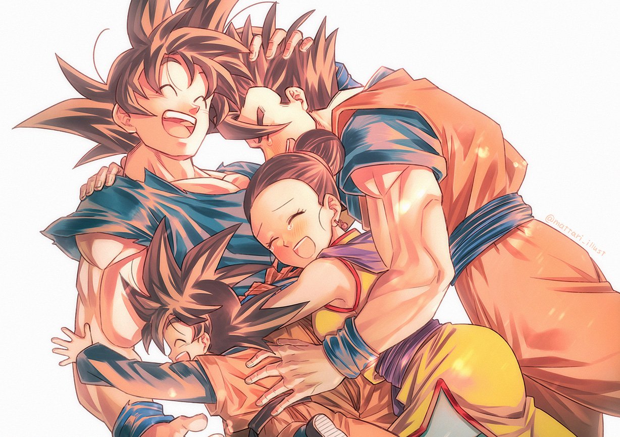 1girl 3boys :d ^_^ arm_around_shoulder arm_around_waist ass backlighting bangs black_hair blush breasts brothers chi-chi_(dragon_ball) china_dress chinese_clothes closed_eyes commentary_request couple dougi dragon_ball dragon_ball_z dress dutch_angle earrings eyelashes family father_and_son floating_hair furrowed_eyebrows group_hug hair_bun hand_on_another's_head happy happy_tears hetero hug jewelry light_particles mattari_illust mother_and_son multiple_boys open_mouth outstretched_arms profile shaded_face siblings sideboob simple_background sleeveless sleeveless_dress smile son_gohan son_gokuu son_goten spiky_hair tears teeth tied_hair torn_clothes twitter_username upper_body upper_teeth white_background wristband