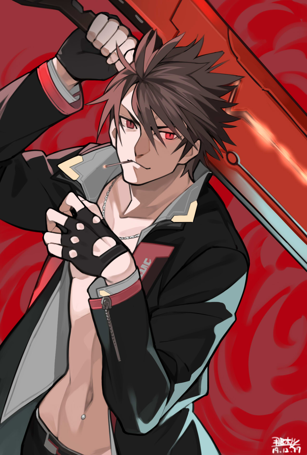 1boy black_gloves black_jacket brown_hair character_request closed_mouth collarbone copyright_request fingerless_gloves gloves hair_between_eyes highres holding holding_sword holding_weapon jacket jewelry male_focus navel navel_piercing necklace open_clothes open_jacket over_shoulder piercing red_eyes seyana shirtless slit_pupils smile solo sword sword_over_shoulder weapon weapon_over_shoulder zipper zipper_pull_tab