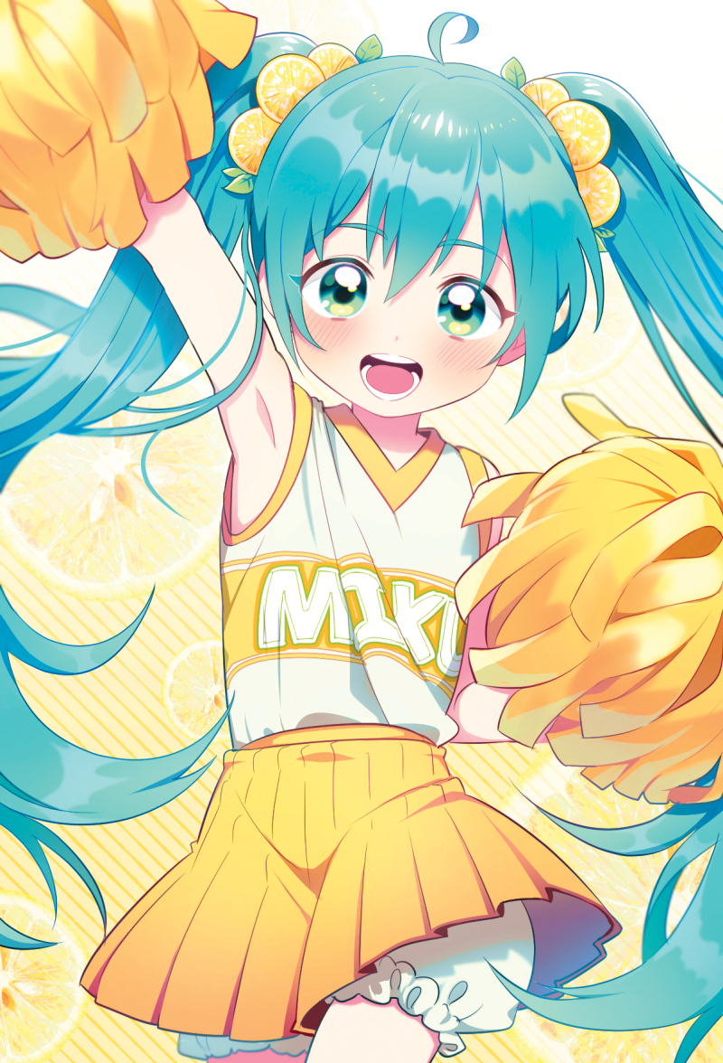 1girl ahoge aqua_eyes aqua_hair arm_up bloomers character_name cheerleader clothes_writing commentary cowboy_shot food food_themed_hair_ornament fruit hair_leaf hair_ornament hatsune_miku holding_pom_poms leaf_hair_ornament lemon lemon_hair_ornament light_blush long_hair miniskirt mongz open_mouth outstretched_arm pleated_skirt pom_poms shirt skirt sleeveless sleeveless_shirt smile solo twintails underwear very_long_hair vocaloid white_shirt yellow_background yellow_skirt