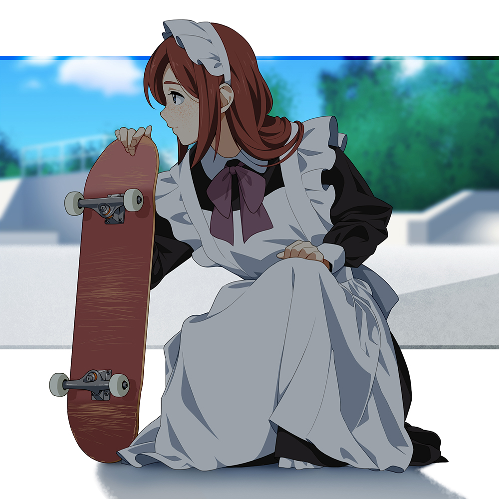 1girl apron blue_eyes blurry blurry_background bow bowtie brown_hair clouds cloudy_sky day freckles full_body kneeling long_sleeves maid maid_apron maid_headdress medium_hair original outdoors profile purple_neckwear shadow skate_park skateboard sky solo suzushiro_(suzushiro333) tree