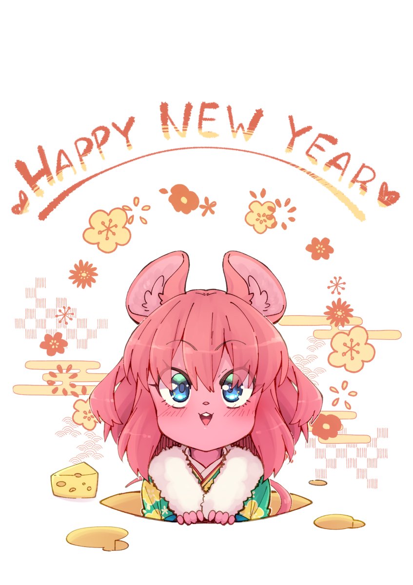 1girl animal_ears blue_eyes cheese floral_print food fur_trim furry green_kimono happy_new_year highres hole japanese_clothes kimono mouse_ears mouse_girl_(yuuki_(yuyuki000)) mouse_tail new_year open_mouth original peeking_out pink_hair print_kimono short_hair simple_background smile solo tail white_background yuuki_(yuyuki000)