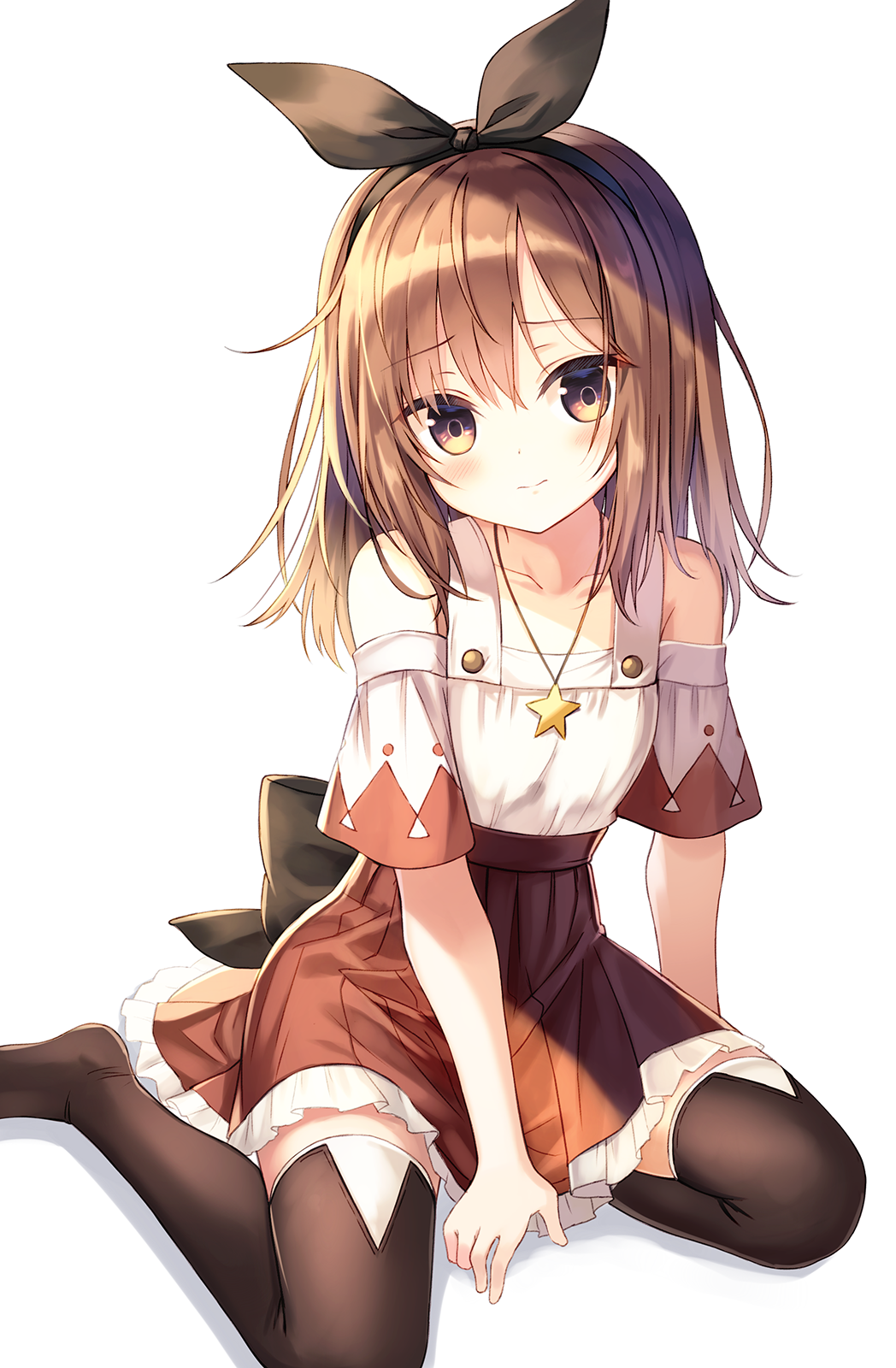1girl atelier_(series) atelier_ryza back_bow bangs bare_shoulders black_bow black_hairband black_legwear black_ribbon blush bow brown_eyes brown_hair closed_mouth collarbone commentary_request eyebrows_visible_through_hair frilled_skirt frills hair_ribbon hairband high-waist_skirt highres jewelry light_frown long_hair looking_at_viewer necklace red_skirt reisalin_stout ribbon satou_(3366_s) simple_background sitting skirt solo star star_necklace thigh-highs white_background yokozuwari younger