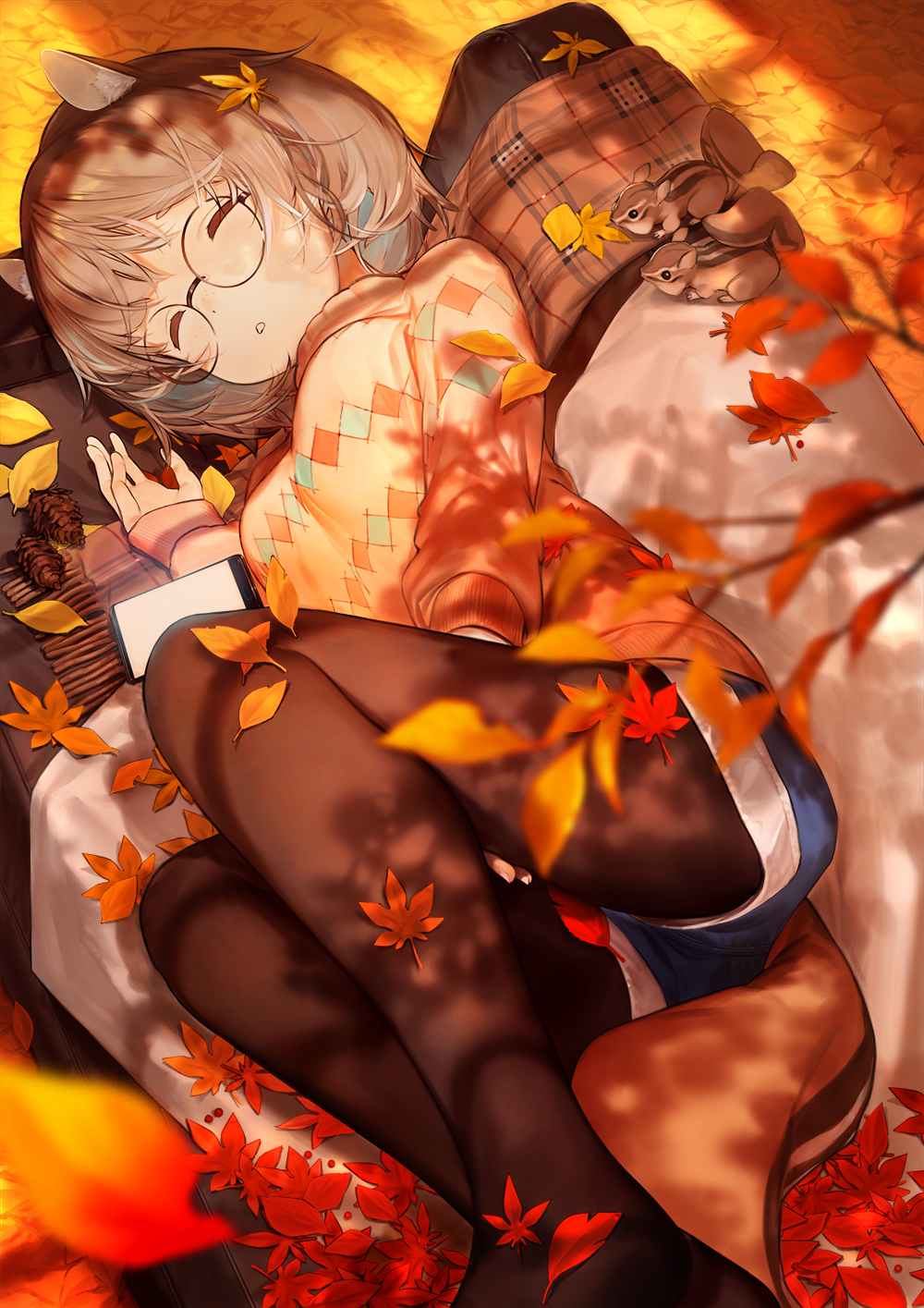 1girl :o animal animal_ears autumn autumn_leaves bangs black-framed_eyewear blush breasts brown_footwear brown_hair casual cellphone chipmunk chipmunk_ears chipmunk_girl chipmunk_tail closed_eyes commentary_request couch dappled_sunlight day denim denim_shorts feet_out_of_frame glasses highres kemonomimi_mode legwear_under_shorts long_sleeves medium_breasts on_couch original outdoors pantyhose parted_lips personification phone round_eyewear short_hair short_shorts shorts sleeping sleeves_past_wrists smartphone solo sunlight sweater tail turtleneck turtleneck_sweater watarumi