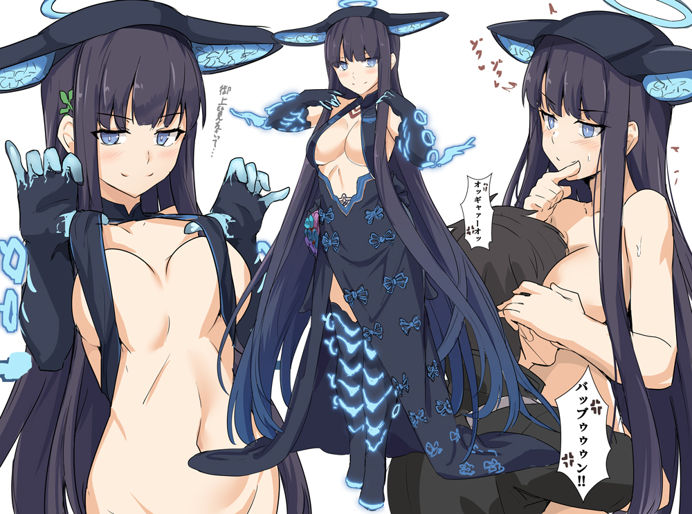 1boy 1girl animal_ears bangs between_breasts black_hair blue_eyes boots breasts commentary_request eyebrows_visible_through_hair fake_animal_ears fate/grand_order fate_(series) fujimaru_ritsuka_(male) hair_ornament hair_over_breasts hairclip head_between_breasts large_breasts long_hair looking_at_viewer multiple_views navel rat_ears shiseki_hirame simple_background smile solo_focus thigh-highs thigh_boots translation_request white_background yang_guifei_(fate/grand_order)