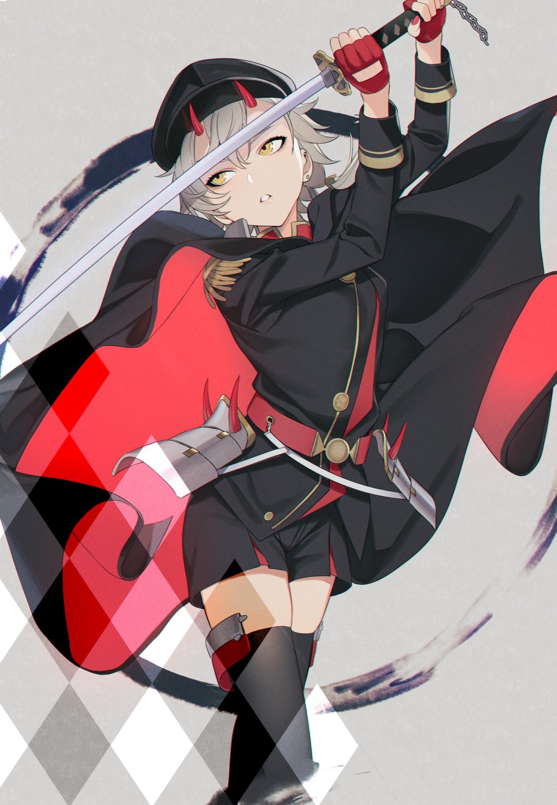 1girl amanekuu azur_lane belt black_legwear black_shirt black_shorts cape commentary_request earrings epaulettes fighting_stance fingerless_gloves gloves grey_hair hat highres holding holding_sword holding_weapon horns jewelry katana kinu_(azur_lane) long_sleeves military military_hat military_uniform oni_horns peaked_cap red_gloves shirt short_hair short_shorts shorts solo standing sword thigh-highs uniform weapon yellow_eyes