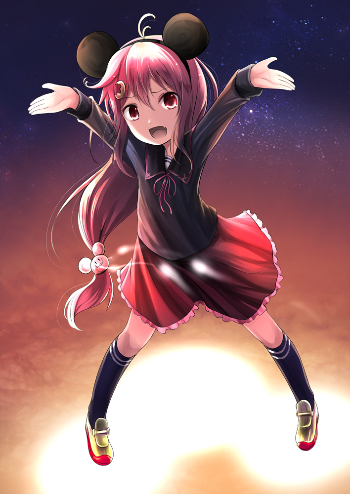 1girl ahoge alternate_hair_ornament animal_ears commentary_request crescent crescent_hair_ornament hair_ornament hairband kantai_collection kurona long_hair looking_at_viewer mouse_ears mouse_hair_ornament open_mouth pink_eyes pink_hair ponytail ribbon school_uniform serafuku skirt smile solo uzuki_(kantai_collection)