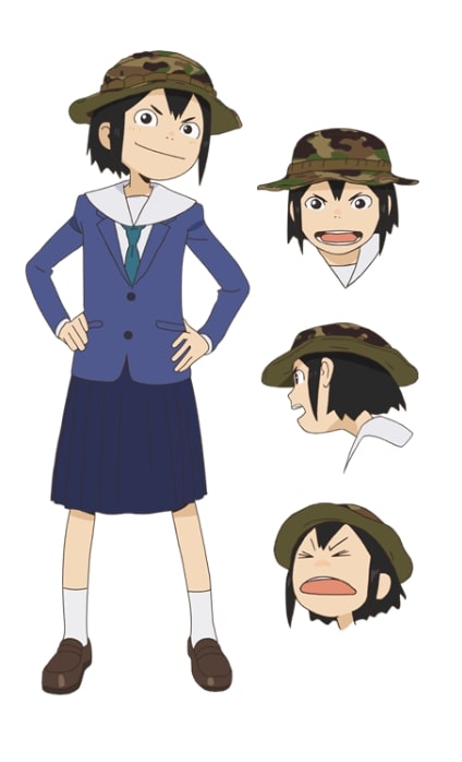 1girl asakusa_midori black_eyes black_hair blazer camouflage_hat character_sheet eizouken_ni_wa_te_wo_dasu_na! hands_on_hips hat jacket loafers official_art pleated_skirt sailor_collar school_uniform shoes short_hair sidelocks skirt smile solo