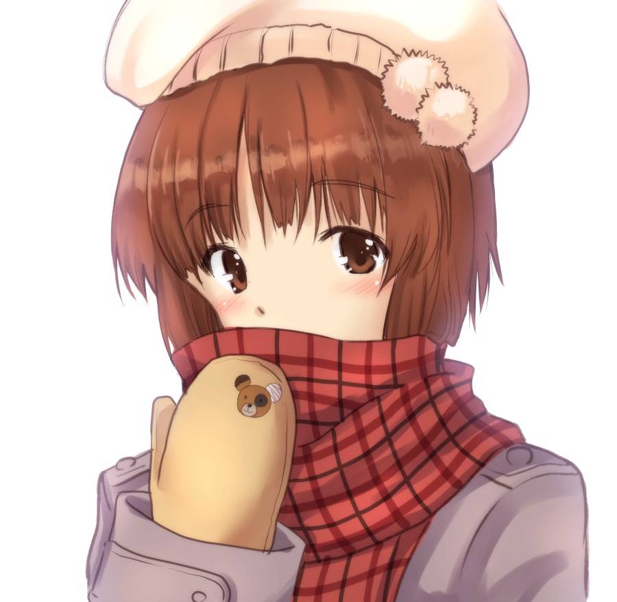 1girl animal_print bangs bear_print beret blush boko_(girls_und_panzer) brown_eyes brown_hair brown_mittens casual commentary covered_mouth eyebrows_visible_through_hair girls_und_panzer grey_coat hat long_sleeves looking_at_viewer nanjou_satoshi nishizumi_miho pink_headwear plaid plaid_scarf portrait red_scarf scarf short_hair simple_background solo white_background