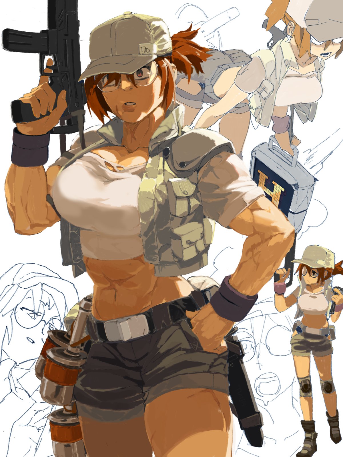 1girl abs ass baseball_cap belt_buckle biceps breasts brown_eyes brown_hair buckle crop_top explosive fio_germi glasses grenade gun handgun hat highres hip_vent holding holding_gun holding_weapon holstered_weapon knee_pads large_breasts leai_leao_burgess_jr metal_slug metal_slug_3 midriff military_operator muscle muscular_female pistol power-up rimless_eyewear round_eyewear scar short_ponytail shorts solo submachine_gun thick_thighs thighs trigger_discipline vest weapon wristband