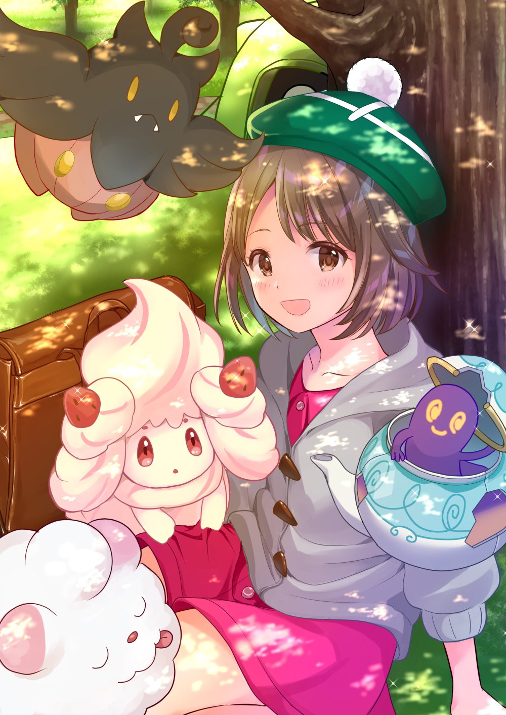 1girl :d :p against_tree alcremie bag blush brown_eyes brown_hair collarbone commentary_request cream creatures_(company) dappled_sunlight day dress eyebrows_visible_through_hair fangs flying food fruit game_freak gen_6_pokemon gen_8_pokemon grass green_headwear grey_jacket highres human jacket long_sleeves looking_at_viewer nintendo olm_digital open_mouth outdoors pechi_(peeechika) pink_dress pokemon pokemon_(anime) pokemon_(creature) pokemon_(game) pokemon_swsh polteageist pumpkaboo pumpkin satchel short_hair sitting smile sparkle strawberry sunlight swirlix tam_o'_shanter teapot tongue tongue_out tree under_tree yuuri_(pokemon)
