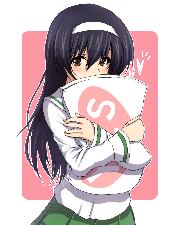 1girl actas_(studio) bangs black_hair blouse blush brown_eyes commentary_request cute eyebrows_visible_through_hair girls_und_panzer green_skirt hairband heart holding holding_pillow long_hair long_sleeves looking_at_viewer media_factory nanjou_satoshi ooarai_school_uniform pillow pleated_skirt reizei_mako school_uniform serafuku skirt solo standing white_blouse white_hairband yes-no_pillow