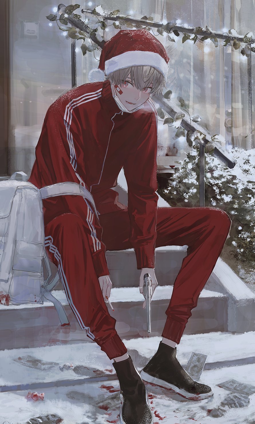 1boy backpack bag bandaid bandaid_on_face blonde_hair blood candy cigarette face_mask food gun hat highres hirota_tsuu jacket looking_away male_focus mask money original pants plant red_track_suit santa_hat sitting snow solo stairs track_jacket track_pants track_suit weapon white_backpack