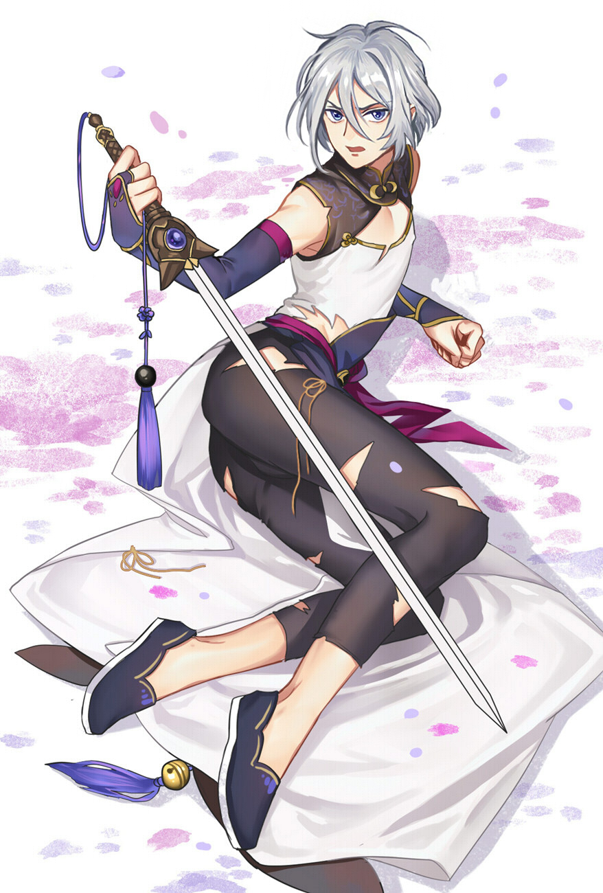 1boy bangs blue_eyes chinese_clothes detached_sleeves fate/grand_order fate_(series) gao_changgong_(fate) highres jian_(weapon) lalatia-meai looking_at_viewer lying male_focus on_side pants petals reverse_grip shirt short_hair silver_hair solo sword torn_clothes torn_pants torn_shirt weapon