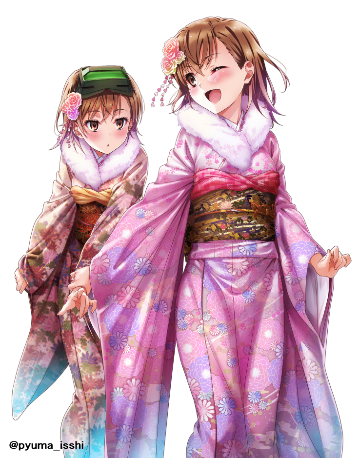 2girls bangs blush brown_eyes brown_hair commentary_request eyebrows_visible_through_hair flower furisode hair_flower hair_ornament head_mounted_display japanese_clothes kimono misaka_imouto misaka_mikoto multiple_girls obi one_eye_closed open_mouth puma_(hyuma1219) sash short_hair simple_background to_aru_kagaku_no_railgun to_aru_majutsu_no_index twitter_username white_background