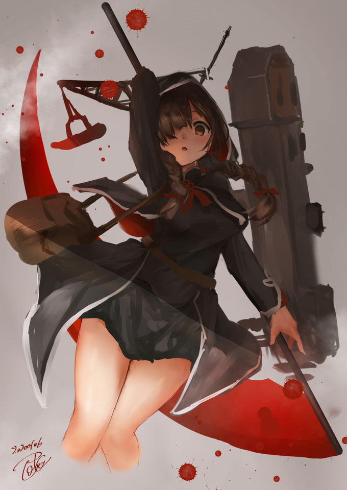 1girl black_capelet black_dress blush braid breasts brown_eyes brown_hair capelet dress hair_over_one_eye hair_ribbon hood hooded_capelet kantai_collection large_breasts long_hair long_sleeves machinery open_mouth red_ribbon ribbon scythe shinshuu_maru_(kantai_collection) solo toka_(marchlizard) twin_braids