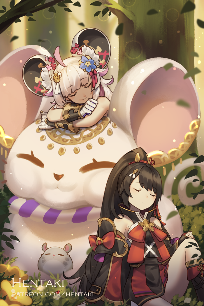 2girls ahoge animal animal_ear_fluff animal_ears artist_name bangs bare_shoulders black_dress black_footwear black_gloves black_hair blue_flower blurry blurry_background boots closed_eyes closed_mouth commentary depth_of_field detached_sleeves dragalia_lost dress english_commentary eyebrows_visible_through_hair fingerless_gloves flower forest gloves hair_flower hair_ornament hentaki high_ponytail knee_boots knee_up leaves_in_wind long_hair long_sleeves mitsuhide_(dragalia_lost) mouse mouse_ears multiple_girls nature nobunaga_(dragalia_lost) ponytail red_sleeves sitting sleeveless sleeveless_dress tree very_long_hair watermark web_address white_gloves white_hair