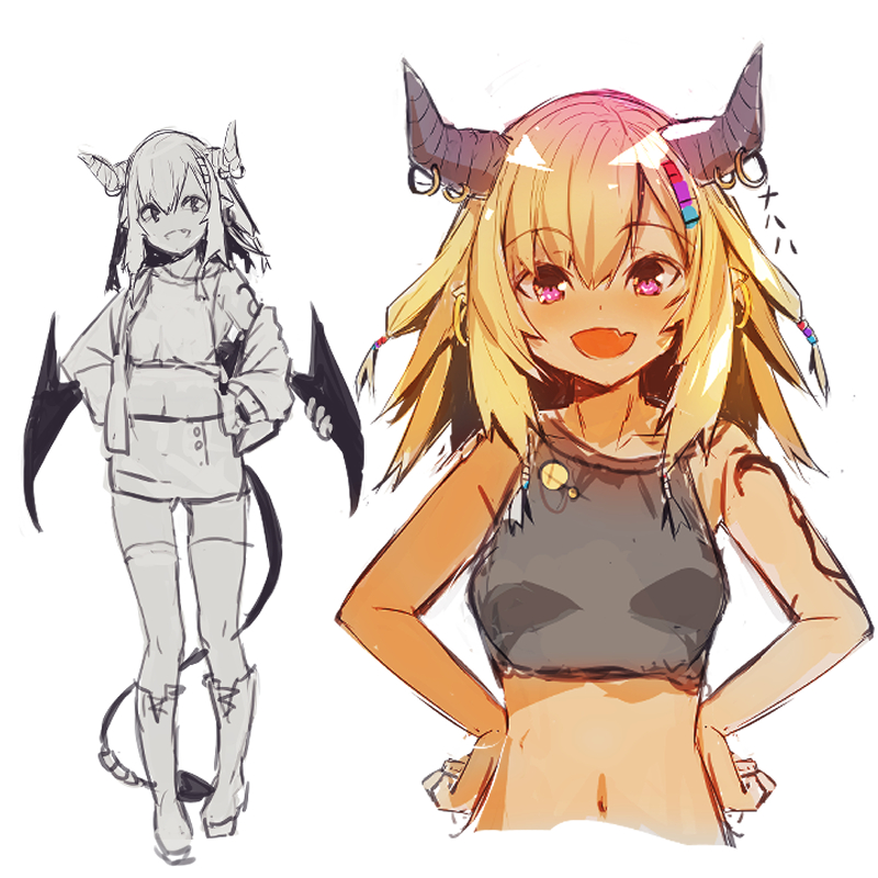 1girl :d bangs bare_arms bare_shoulders black_shirt blonde_hair blush boots collarbone commentary_request demon_girl demon_horns demon_tail demon_wings ear_piercing eyebrows_visible_through_hair fang hair_between_eyes hands_on_hips horn_piercing horns jacket knee_boots long_hair looking_at_viewer midriff multiple_views navel off_shoulder open_clothes open_jacket open_mouth original piercing shirt simple_background skirt sleeveless sleeveless_shirt smile standing tail thigh-highs thighhighs_under_boots violet_eyes white_background wing_piercing wings yuuji_(yukimimi)