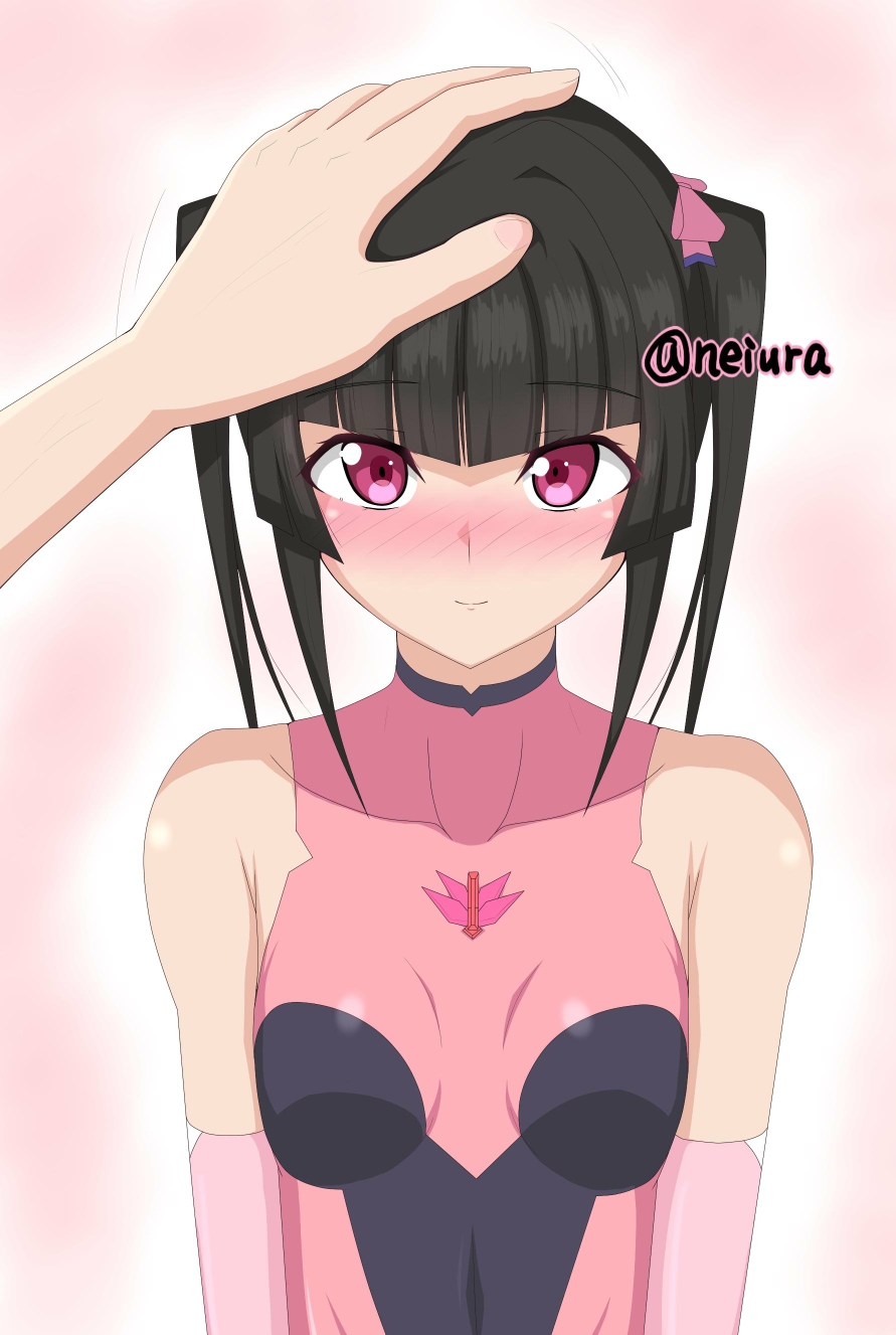 1girl artist_name bare_shoulders black_hair blush breasts collarbone eyebrows_visible_through_hair hand_on_another's_head highres looking_at_viewer medium_hair neiura petting pink_background pink_eyes senki_zesshou_symphogear shiny shiny_clothes shiny_hair simple_background small_breasts smile tsukuyomi_shirabe