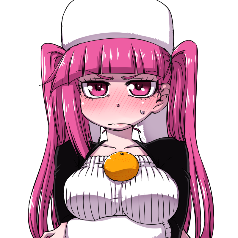 1girl bleach blush breasts closed_mouth commentary_request dokugamine_riruka food fruit hanya_(hanya_yashiki) large_breasts long_hair looking_at_viewer orange purple_hair simple_background solo twintails violet_eyes