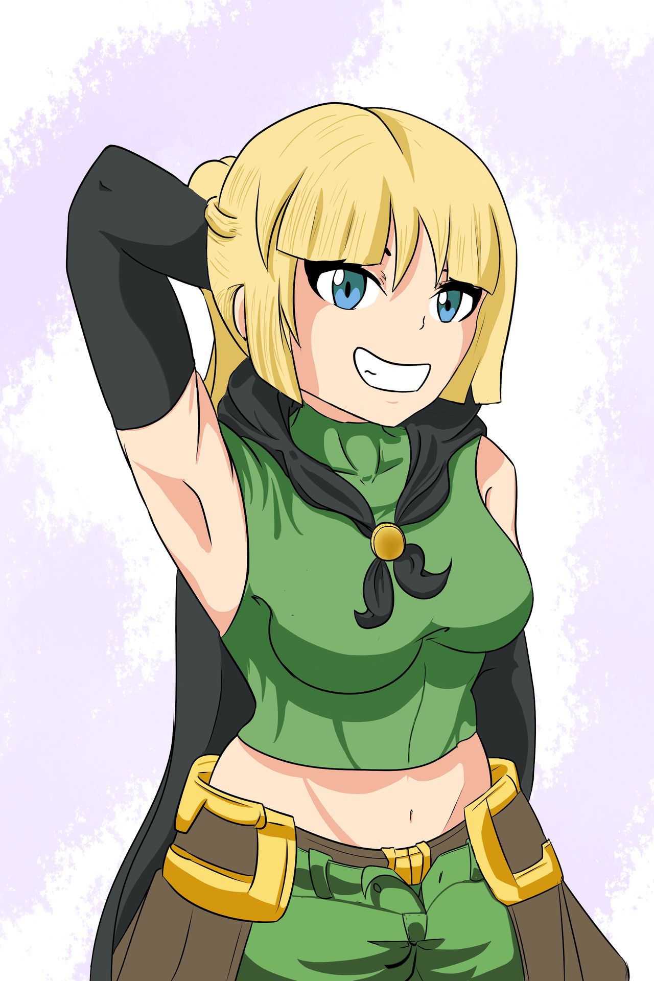 1girl arm_behind_back armpit bag belt black_cape black_gloves blonde_hair blue_eyes breasts cape crop_top crystal_story crystal_story_ii female_focus fingerless_gloves gloves green_clothes half_updo highres jewelry lina_(crystal_story) medium_breasts midriff navel pendant satchel shorts smile smirk thief