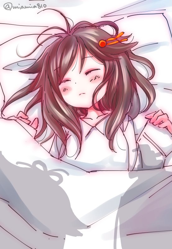 1girl ahoge alternate_hairstyle artist_name blush brown_hair futon hair_down hair_flaps hair_ornament ishida_mia kantai_collection shigure_(kantai_collection) sleeping solo twitter_username yamashiro_(kantai_collection) yuudachi_(kantai_collection)