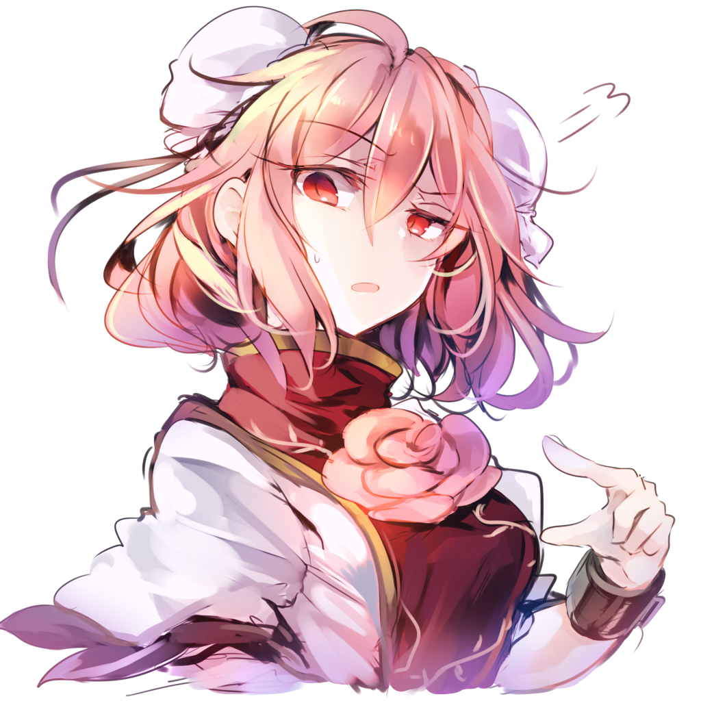 1girl =3 annoyed_bird bangs cuffs double_bun floral_print flower ibaraki_kasen kutsuki_kai looking_at_viewer open_mouth pink_eyes pink_flower pink_hair pointing pointing_at_viewer puffy_short_sleeves puffy_sleeves shirt short_hair short_sleeves solo sweatdrop tabard touhou upper_body white_background white_shirt