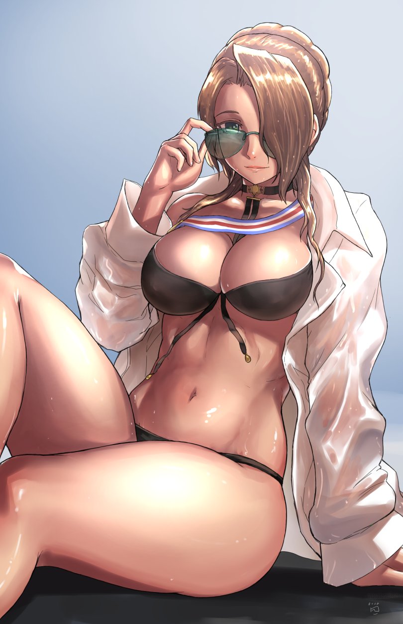 1girl artist_name bikini black_bikini braid breasts brown_hair choker closed_mouth curvy finalcake french_braid from_behind girls_frontline glasses gradient gradient_background green_eyes hair_over_one_eye hand_on_eyewear hand_up highres large_breasts lee-enfield_(girls_frontline) lips long_hair looking_at_viewer open_clothes open_shirt shirt simple_background smile solo swimsuit wet white_shirt